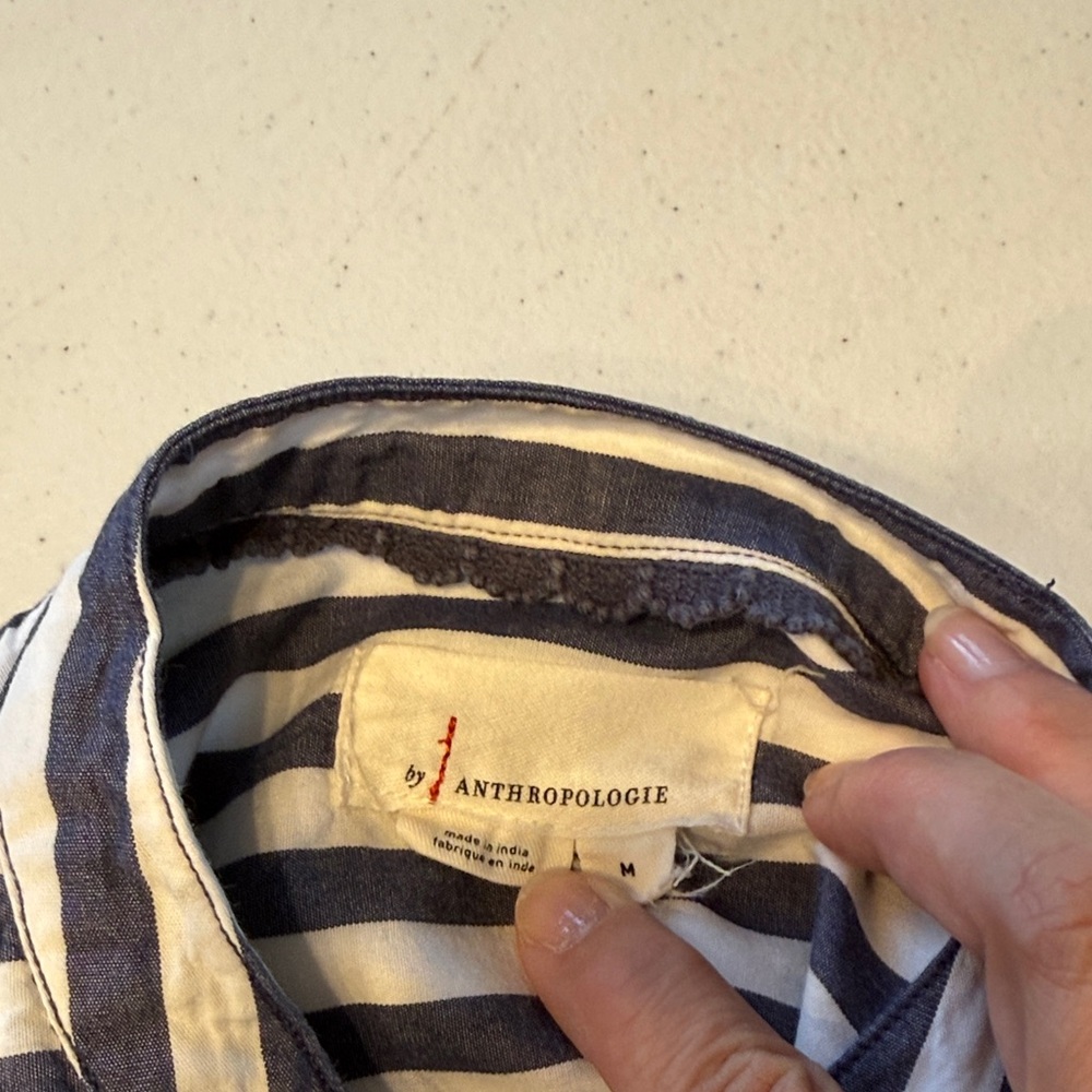 Anthropologie Navy and White Striped Darcey popover Neck Puff Sleeve Top - Picture 2 of 4